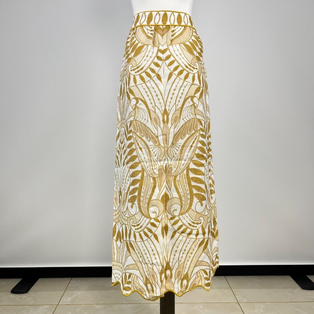 NWOT Farm Rio Midi Skirt Off-White/Beige Lace Nature Wavy Hem Linen Size XS - Picture 2 of 12